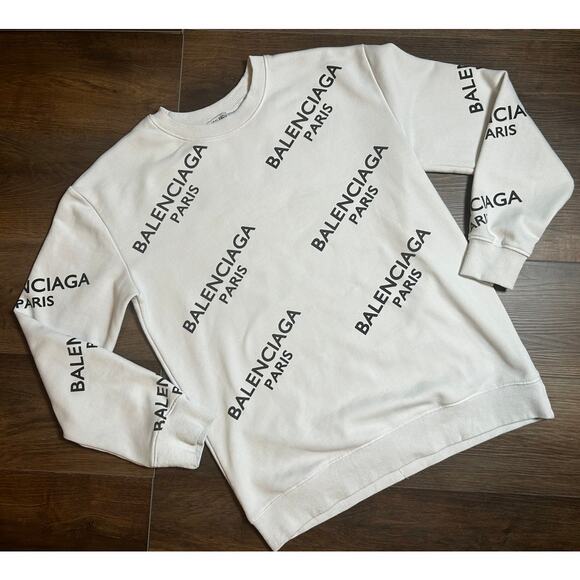 BALENCIAGA Off White Men's Crew Neck Logo Allover Sweater (check Description) - Picture 1 of 8